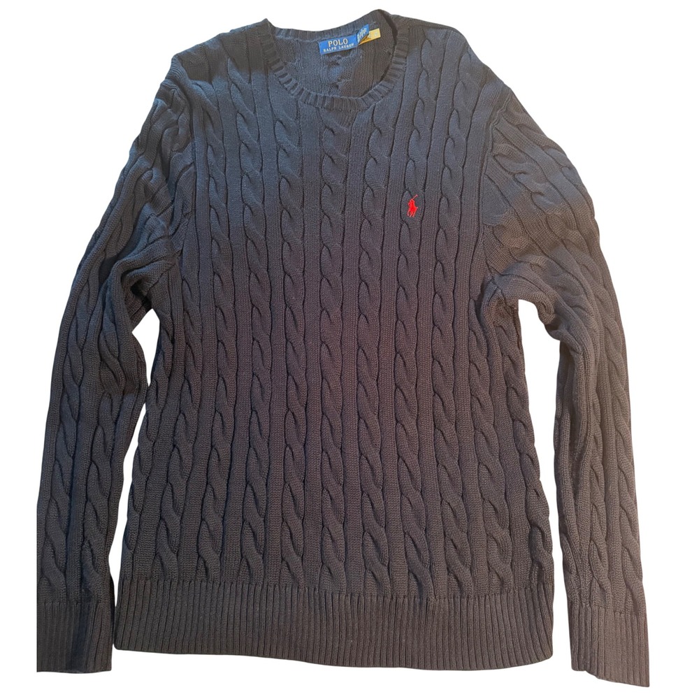 Polo Ralph Lauren Mens XL Navy Blue Cable Knit Cotton Crew Neck Sweater Red Pony